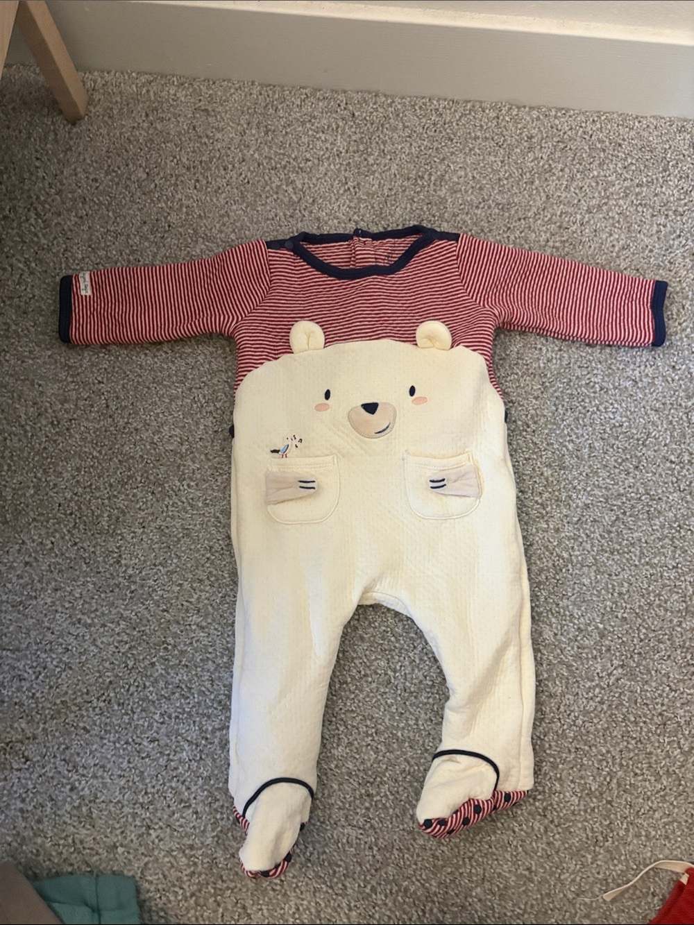 Striped Red & Cream Bear Footed One-Piece for Baby